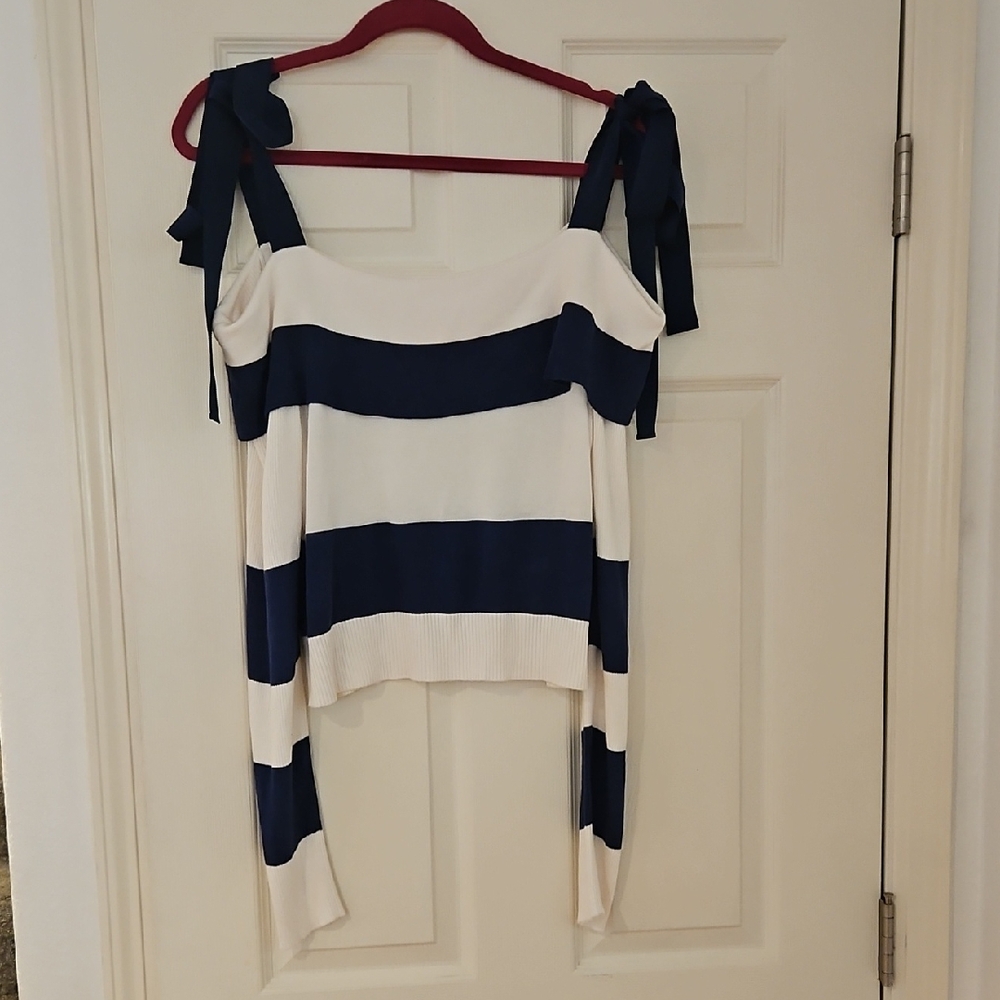 Adeam Striped Navy and White Off-Shoulder Bow Top Size M